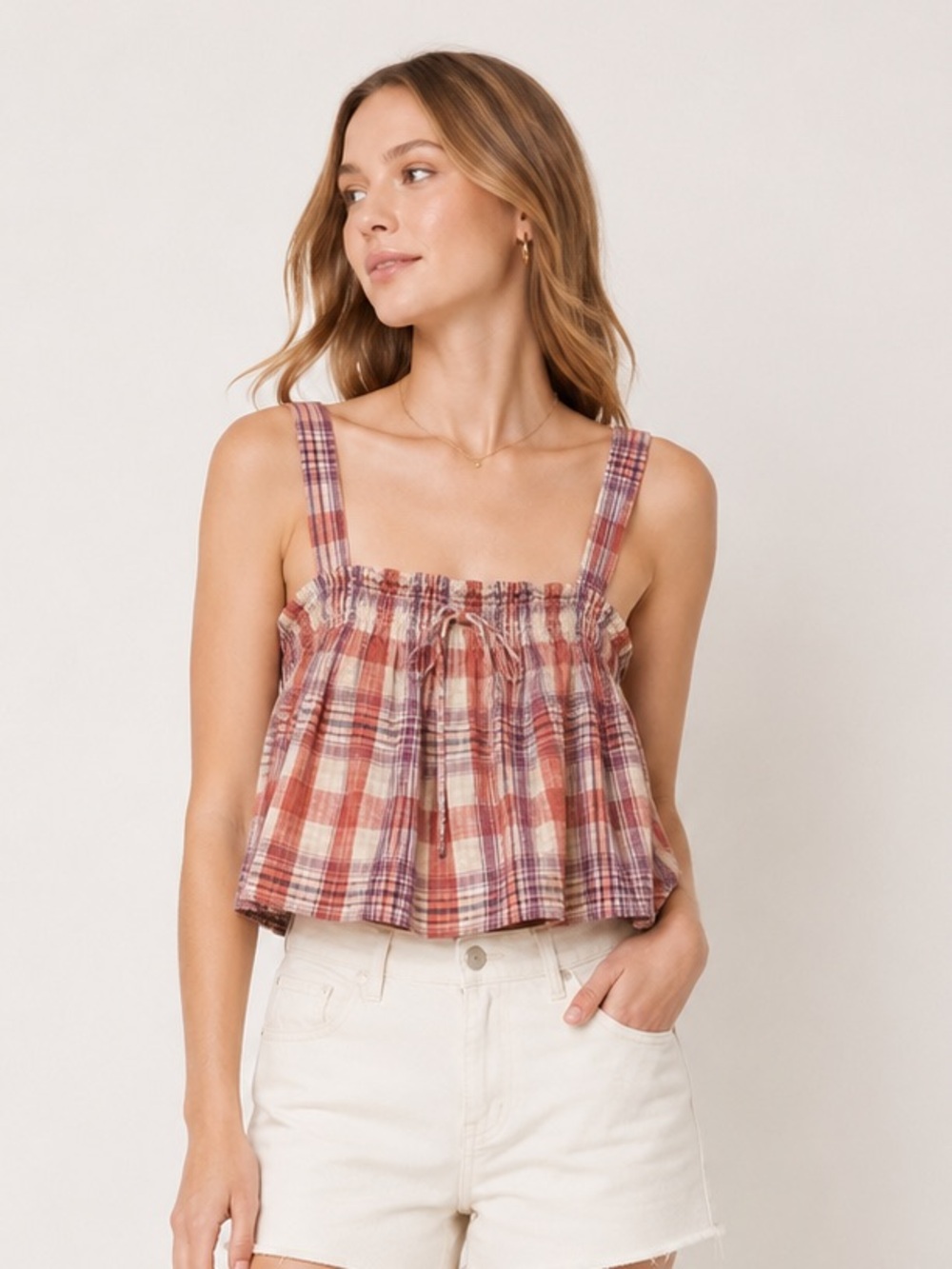 American Eagle Pink Plaid Smocked Babydoll Crop Tank Top Cottagecore  Summer